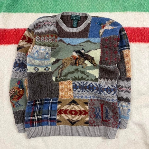 Lauren Ralph Lauren Sweaters - Vintage Lauren Ralph Lauren Equestrian Patchwork Wool Sweater L FLAW 90s